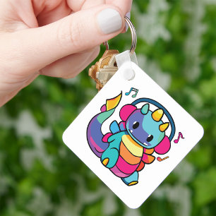 Happy dragon with headphones listening to music. key ring