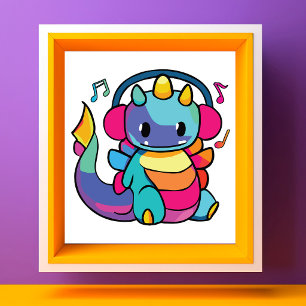 Happy dragon with headphones listening to music. photo print