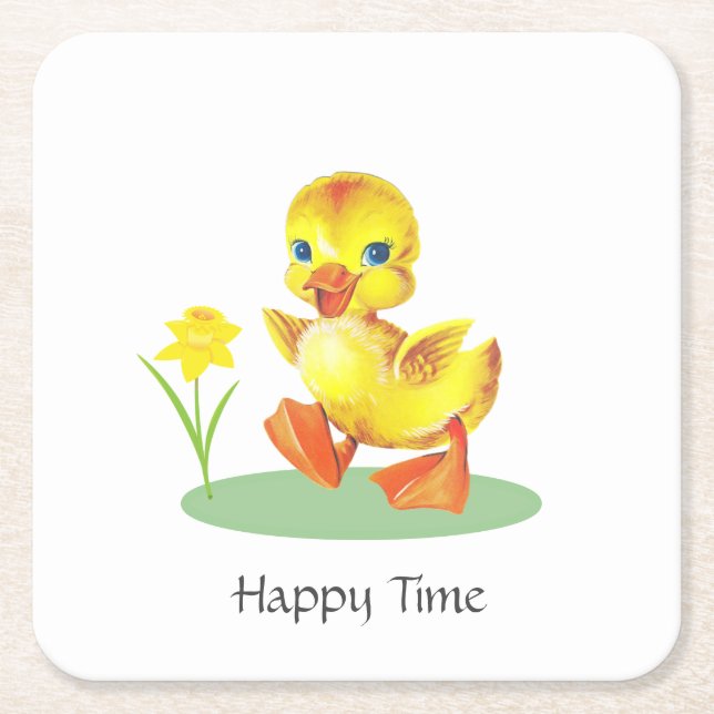 Happy Duckling on White Square Paper Coaster (Front)