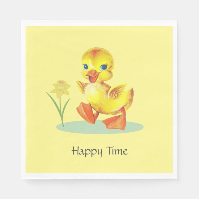 Happy Duckling on Yellow Birthday Party Napkin (Front)