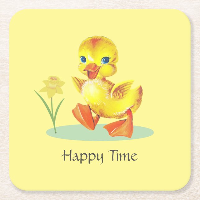 Happy Duckling on Yellow Birthday Party Square Paper Coaster (Front)