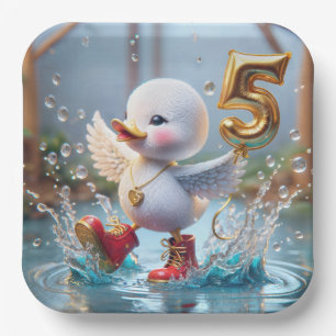 Happy Duckling With #5 Birthday Balloon Paper Plate