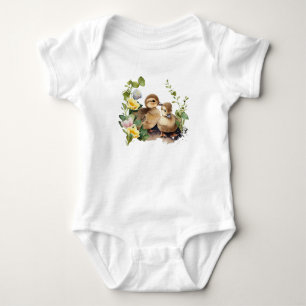 Happy Ducklings with Flowers Baby Bodysuit