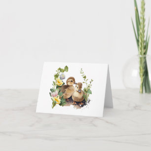 Happy Ducklings with Flowers BLANK  Card