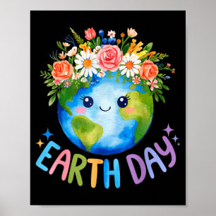 Happy Earth Day Cute Earth With Floral Earth Day 2 Poster