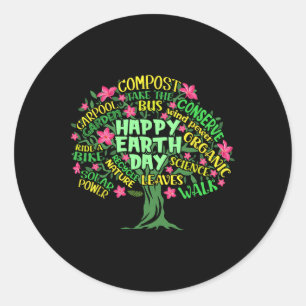 Happy Earth Day Tree Drawing Illustration Word Art Classic Round Sticker