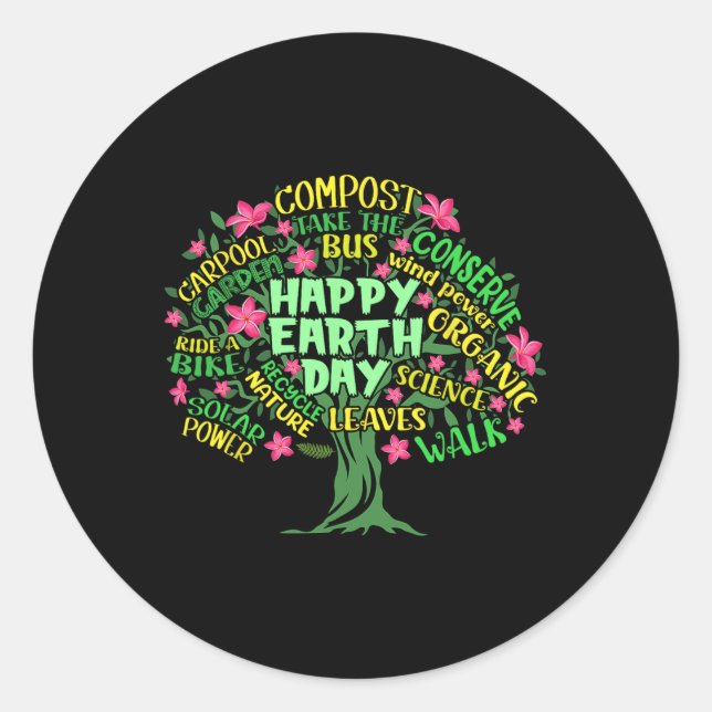 Happy Earth Day Tree Drawing Illustration Word Art Classic Round Sticker (Front)