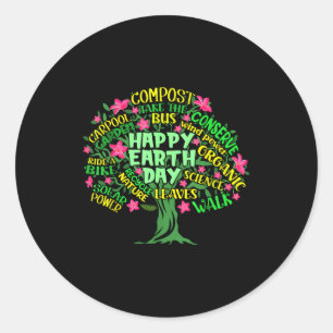 Happy Earth Day Tree Drawing Illustration Word Art Classic Round Sticker