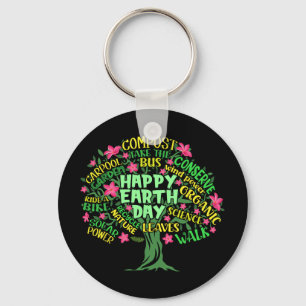 Happy Earth Day Tree Drawing Illustration Word Art Key Ring