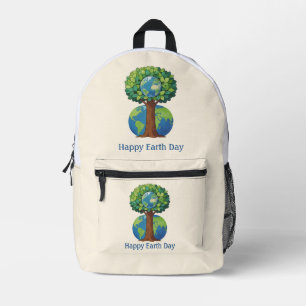Happy Earth Day Tree Nature Illustration Printed Backpack