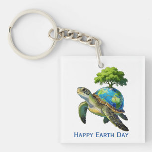 Happy Earth Day Turtle Planet and Tree Key Ring