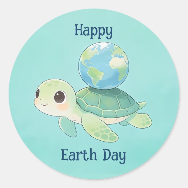 Happy Earth Day Turtle with Globe Classic Round Sticker (Front)
