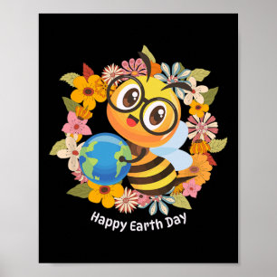 Happy Earth Day With Floral Flowers And Bee - Kids Poster