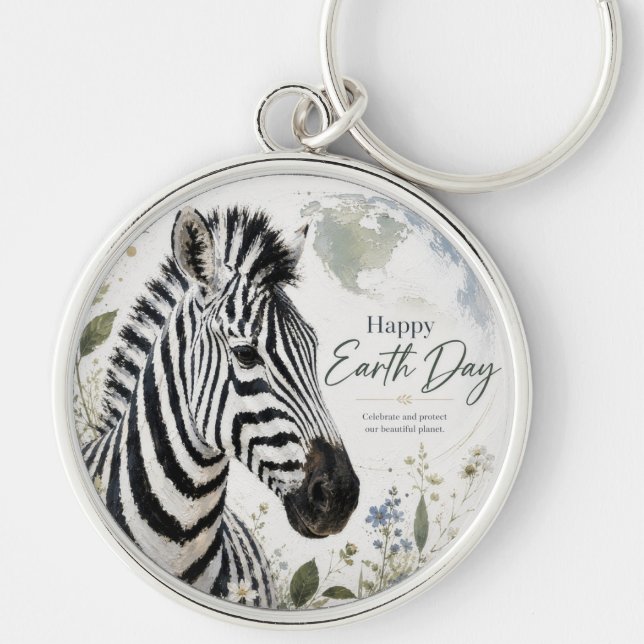 Happy Earth Day Zebra Wildlife Key Ring (Front)