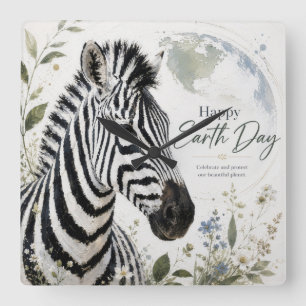 Happy Earth Day Zebra Wildlife Square Wall Clock