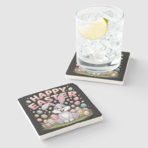 Happy Easter 2025 Eggs Bunny Cute Rabbit Stone Coaster
