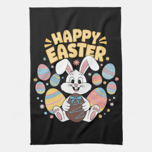 Happy Easter 2025 Eggs Bunny Cute Rabbit Tea Towel