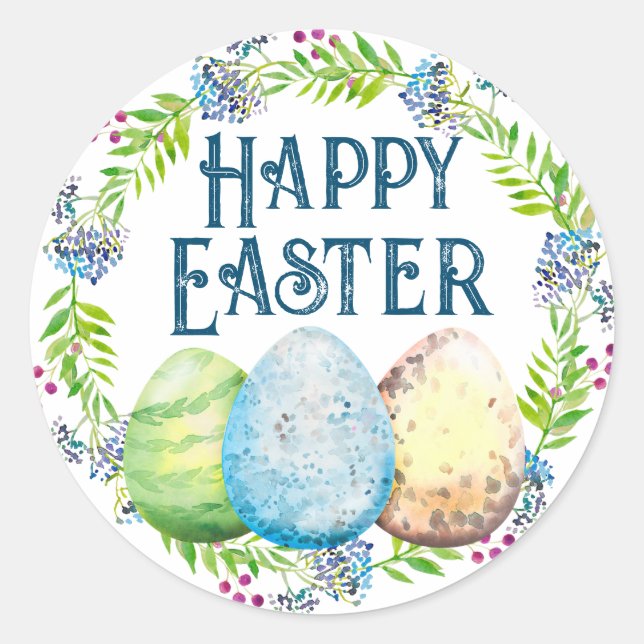 Happy Easter, 3 Eggs with Floral Classic Round Sticker (Front)