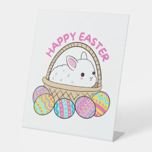Happy Easter A Cute Easter Bunny In A Basket Pedestal Sign