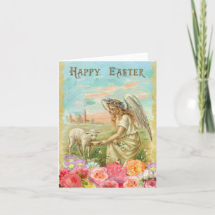 Happy Easter. Angel with Lamb. Flowers Holiday Card
