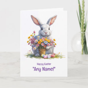 Happy Easter Any Name with Cute Bunny and Flowers  Card