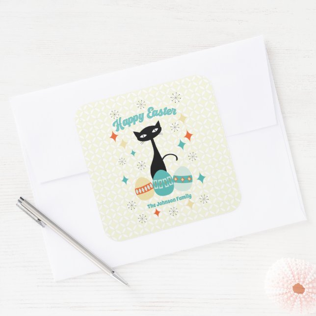 Happy Easter, Atomic Era, Mid Century Modern Cat Square Sticker (Envelope)