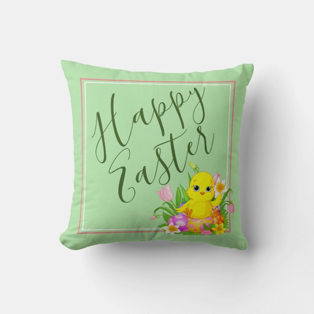 Happy Easter Baby Chick and Flowers Cushion (Front)