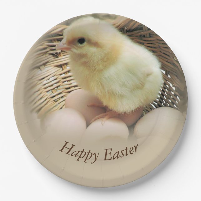 Happy Easter Baby Chick in a Basket Paper Plate (Front)