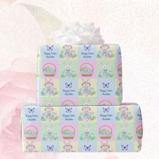 Happy Easter Baby's Name Soft Pastels Bunny Wrapping Paper (Creator Uploaded)