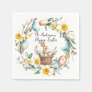 Happy Easter banny with basket and floral Easter Napkin