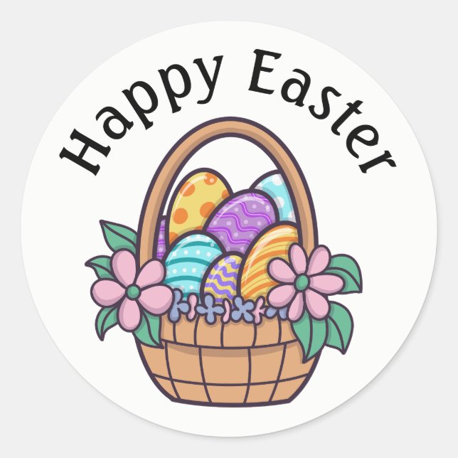 Happy Easter Basket, Easter Eggs And Flowers Classic Round Sticker (Front)