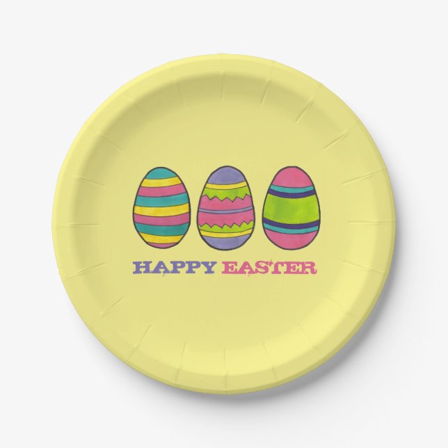Happy Easter Basket Painted Egg Hunt Eggs Paper Plate (Front)