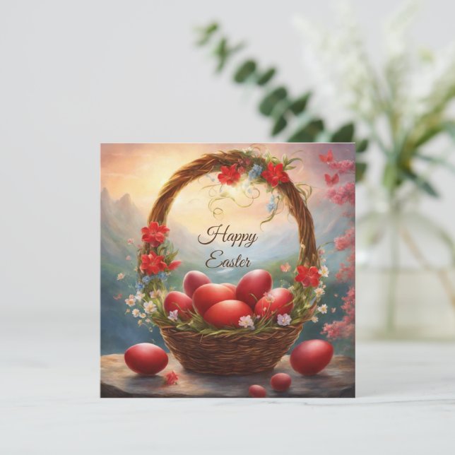 Happy Easter basket with eggs Holiday Card (Standing Front)