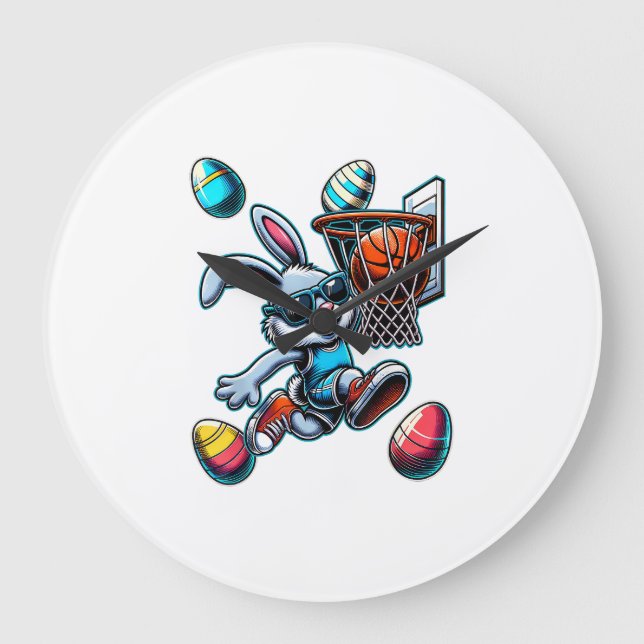 Happy Easter Basketball Boys Easter Bunny Funny Ea Large Clock (Front)