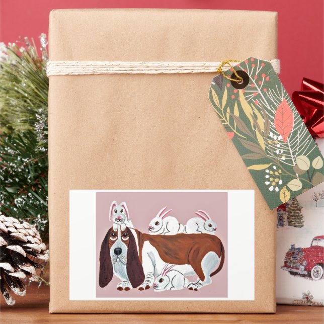 Happy Easter Basset Hound with bunnies  Rectangular Sticker (Holiday)