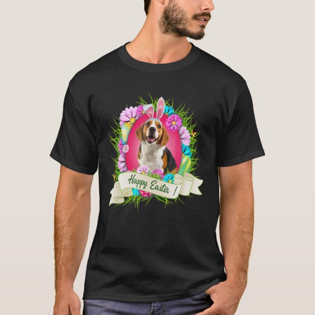 Happy Easter Beagle Wearing Bunny Ear Eggs Cool T-Shirt (Front)
