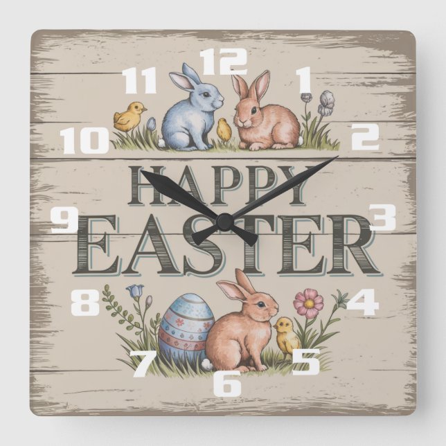 Happy Easter Beautiful Elegant and Rustic Easter Square Wall Clock (Front)