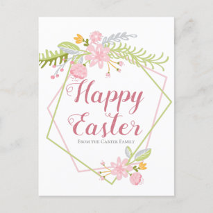 Happy Easter Beautiful Pink Green Floral Custom Postcard