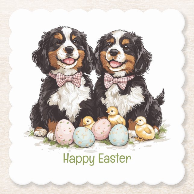 Happy Easter Bernese Mountain Dogs Easter Eggs Paper Coaster (Front)