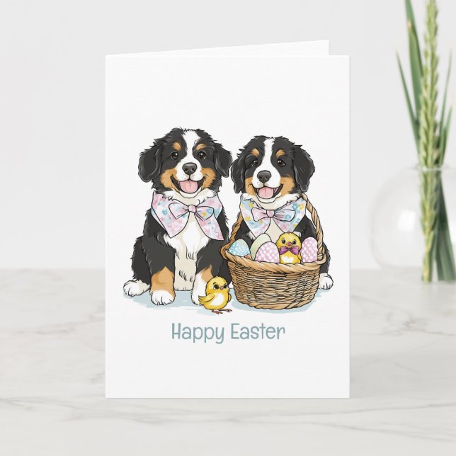 Happy Easter Bernese Mountain Dogs Holiday Card (Front)