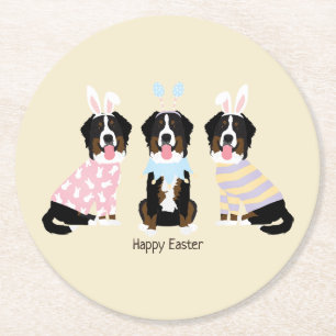 Happy Easter Bernese Mountain Dogs Round Paper Coaster