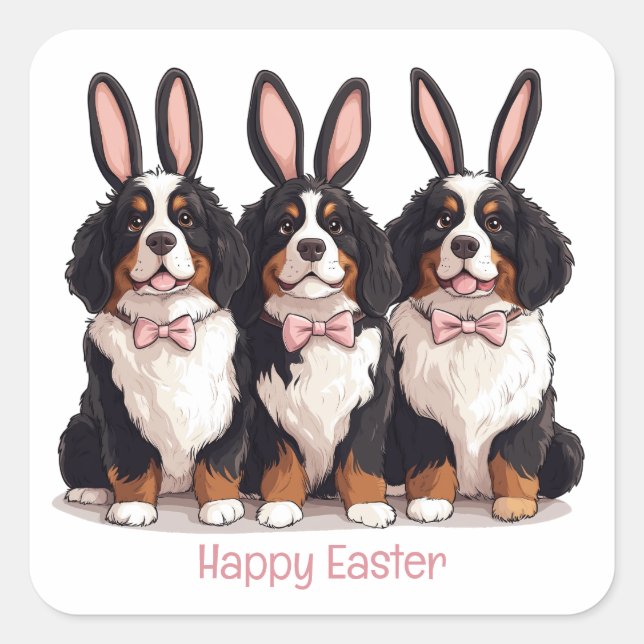 Happy Easter Bernese Mountain Dogs Square Sticker (Front)