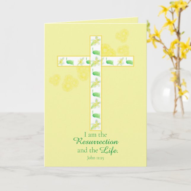 Happy Easter Bible Verse John 11:25 Yellow Cross Card (Yellow Flower)