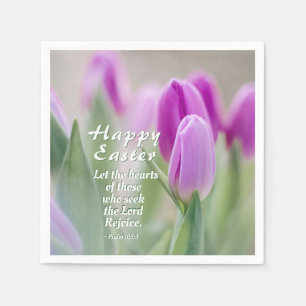 Happy Easter Bible Verse Pink Tulips Napkin