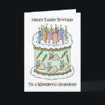 Happy Easter Birthday To Grandson Card<br><div class="desc">A cartoon of  birthday cake decorted with bunnies and carrots and lit candles. The words 'HappyEaster Birthday to a wonderful grandson' accompany the image.</div>