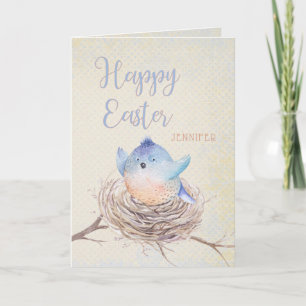 Happy Easter Blue Bird in Nest Custom Name Holiday Card