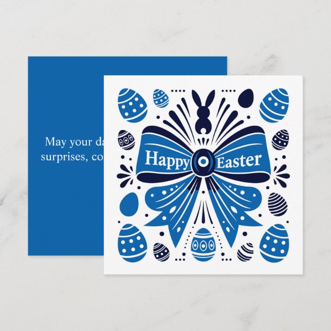 Happy Easter Blue Bow Folk Art Bunny & Eggs Spring Holiday Card (Front/Back)