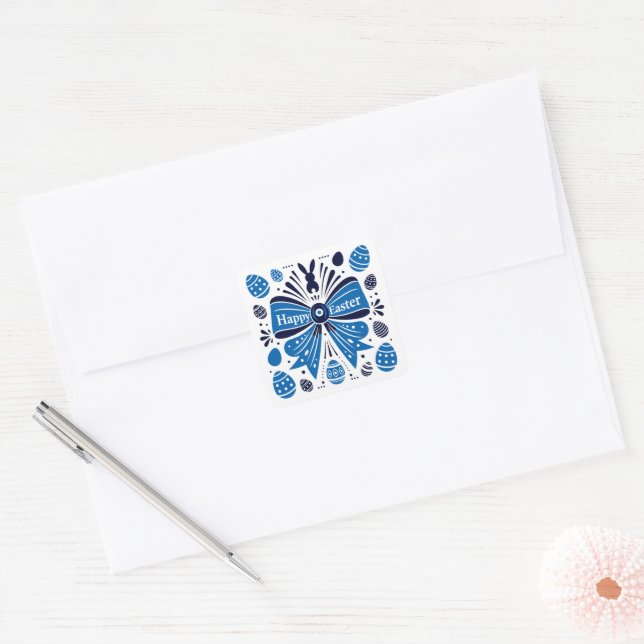 Happy Easter Blue Bow Folk Art Bunny & Eggs Spring Square Sticker (Envelope)