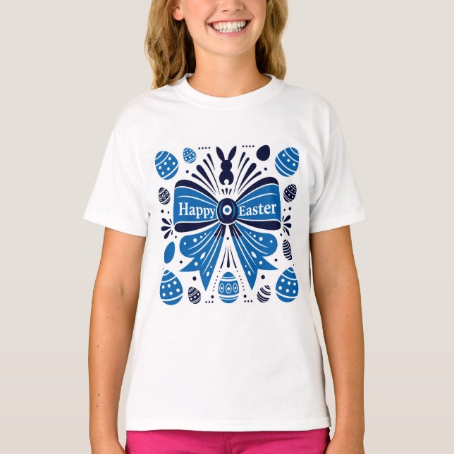 Happy Easter Blue Bow Folk Art Bunny & Eggs Spring T-Shirt (Front)