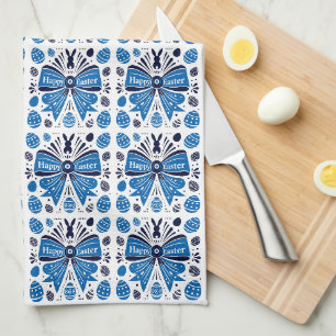 Happy Easter Blue Bow Folk Art Bunny & Eggs Spring Tea Towel